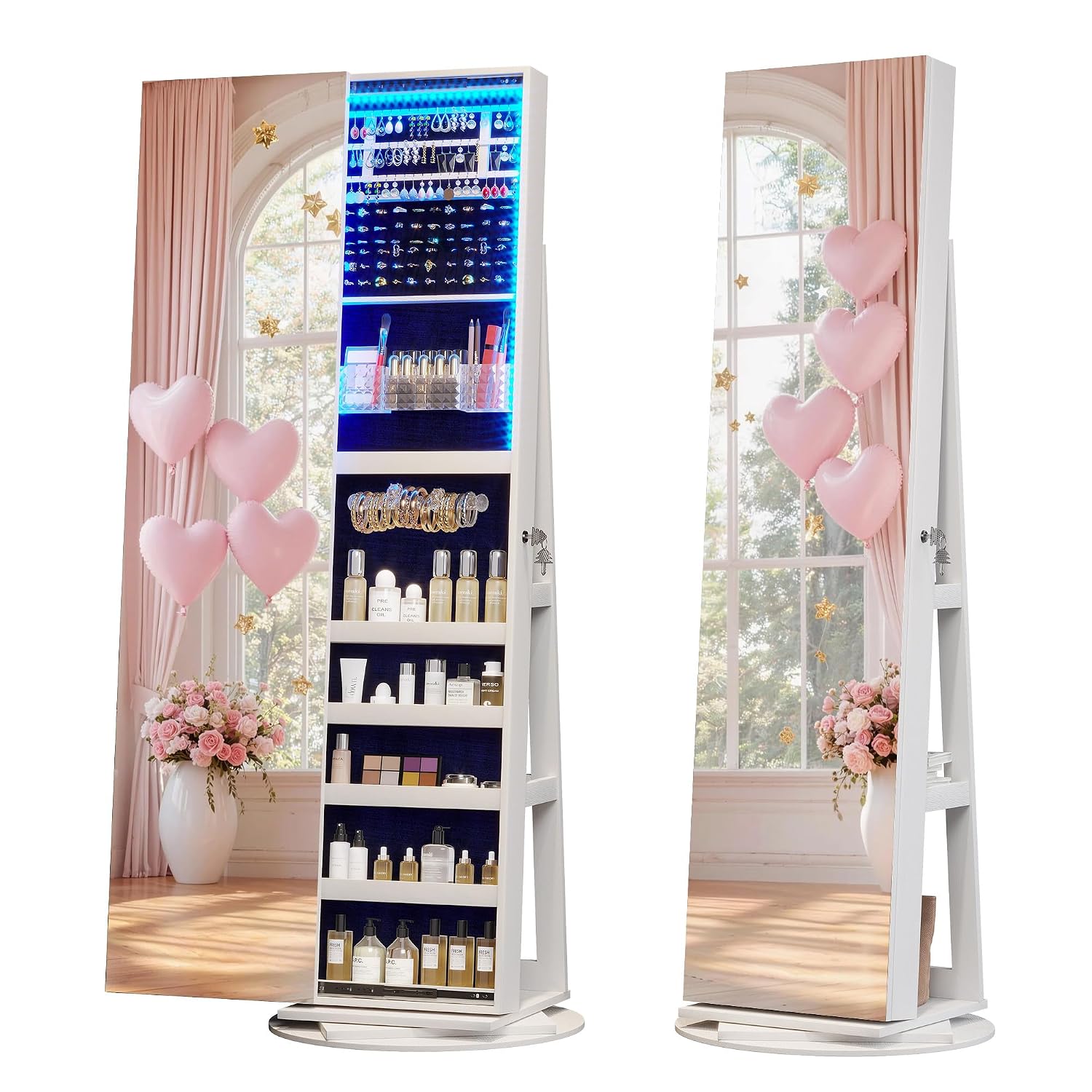 Full Length Mirror Jewelry Armoire - 360 ° Işıklı, Döner Mekanizmalı Mücevher