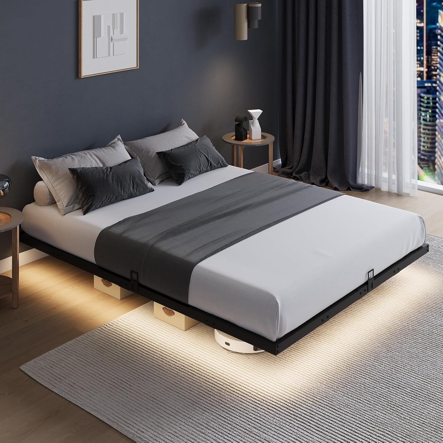 Memory Foam Mattress In A Box Queen - LED Işıklı, Yüzen Platform Yatak Çerçevesi,