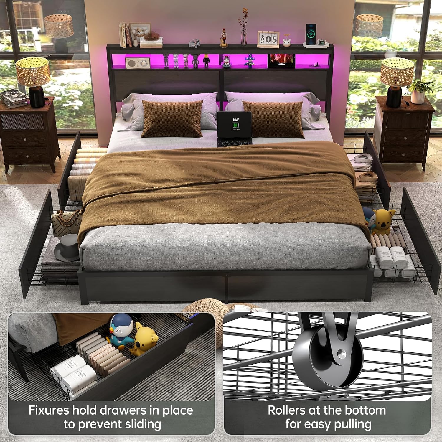 LED Işıklı Başlıklı ve 4 Çekme - King Size Bed Frame With Storage Drawers incelemesi ve fiyatı