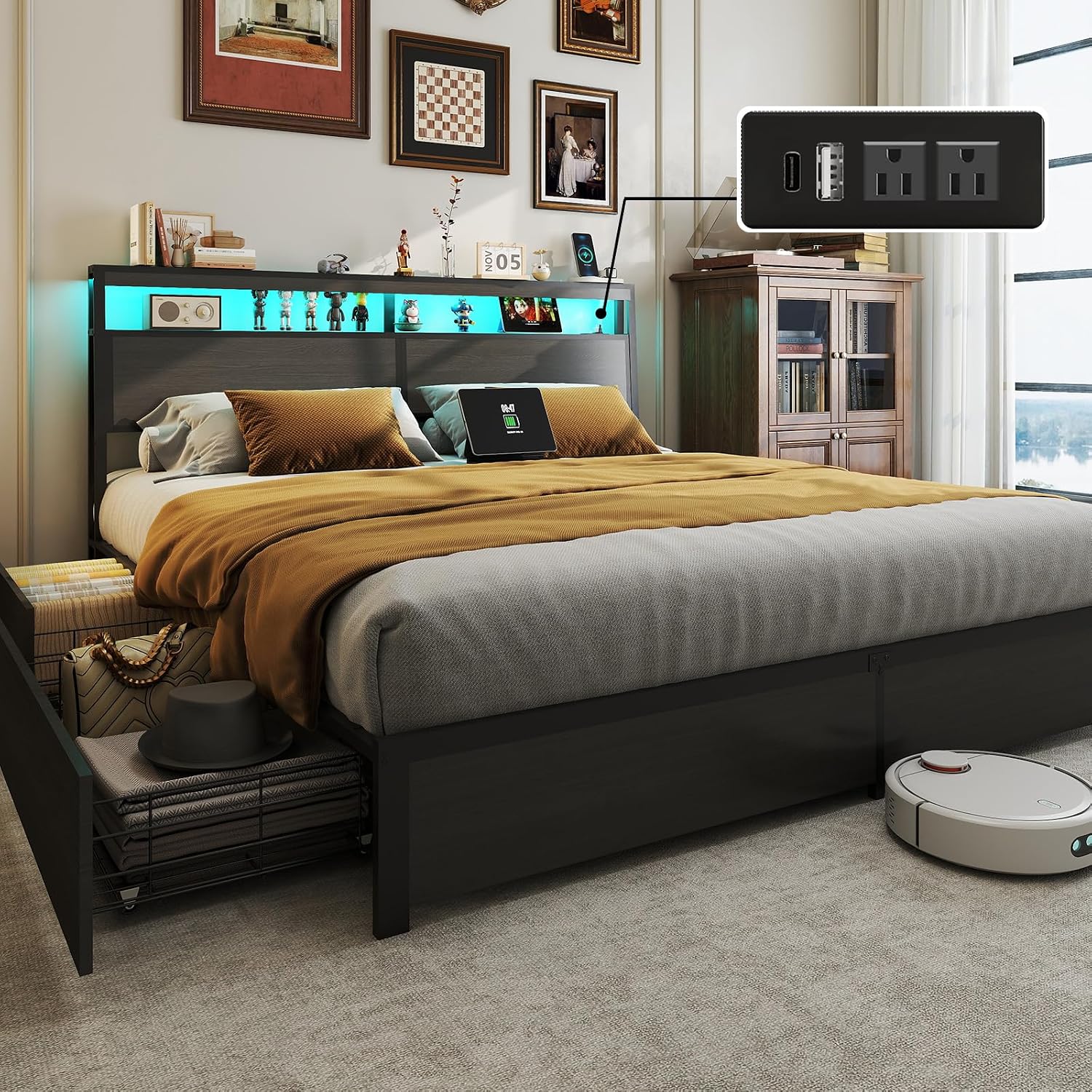 LED Işıklı Başlıklı ve 4 Çekme - King Size Bed Frame With Storage Drawers incelemesi ve fiyatı
