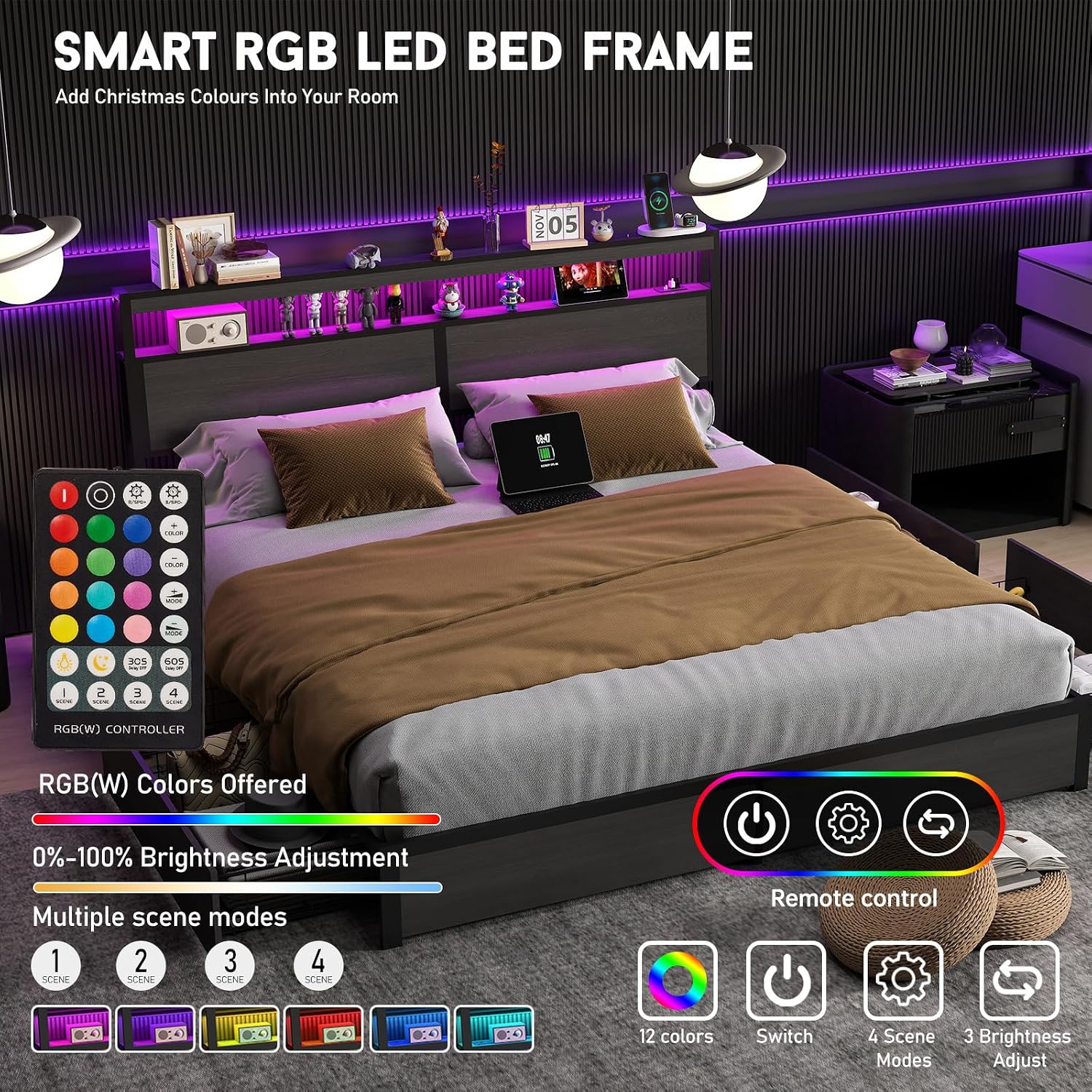 LED Işıklı Başlıklı ve 4 Çekme - King Size Bed Frame With Storage Drawers incelemesi ve fiyatı