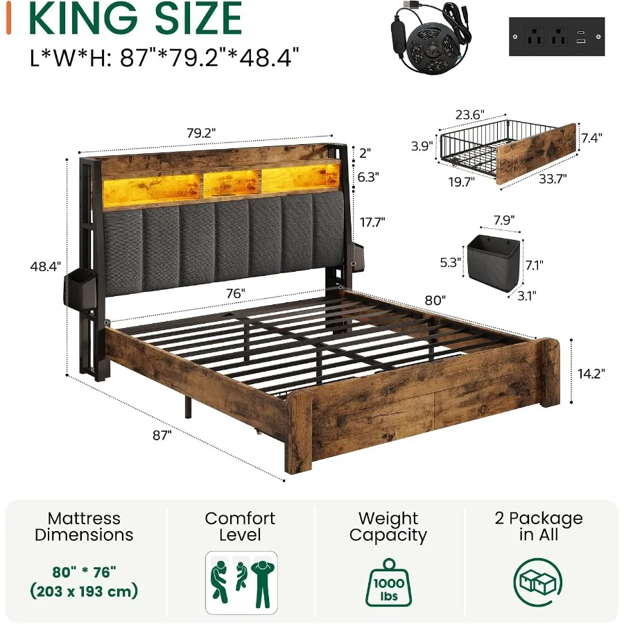 2 adet çekmeceli, kahverengi k - King Size Bed Frame With Storage Drawers incelemesi ve fiyatı