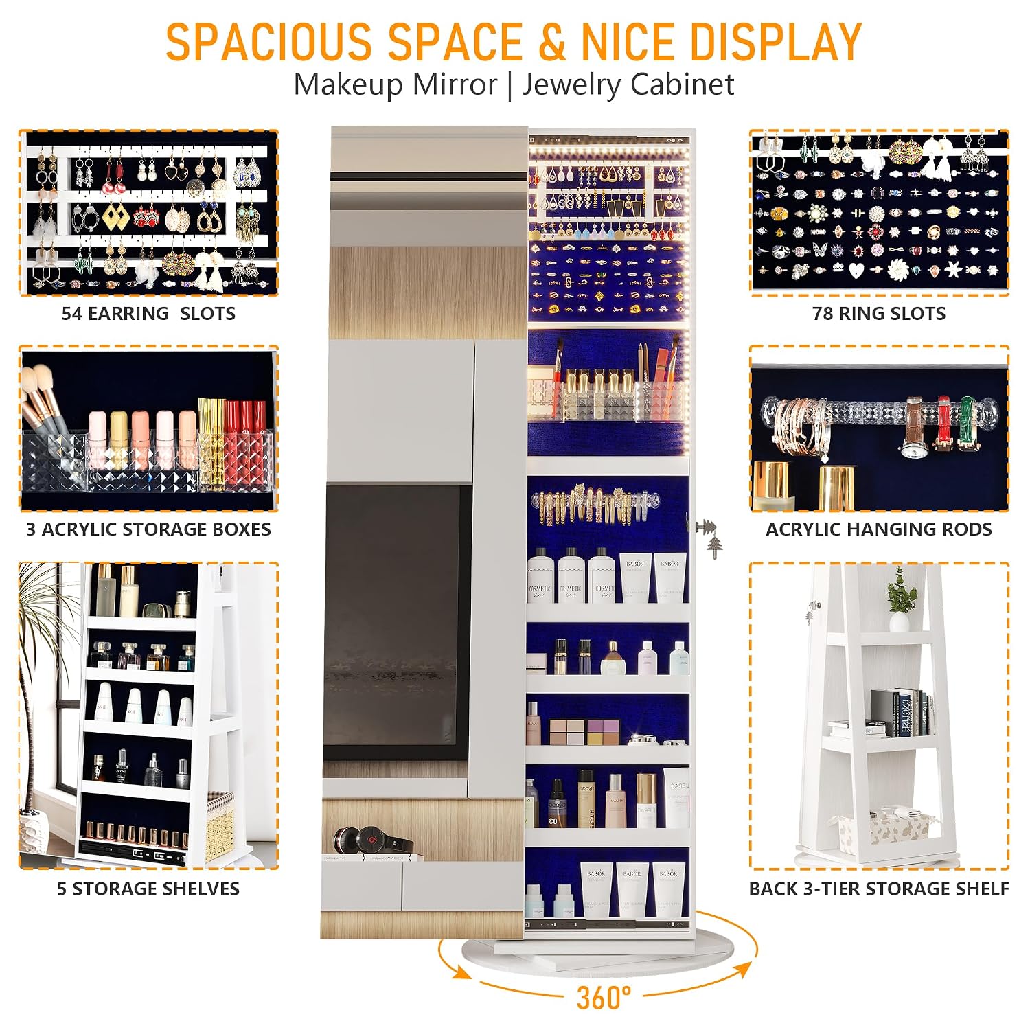 360 °   Işıklı, Döner Mekanizm - Full Length Mirror Jewelry Armoire incelemesi ve fiyatı